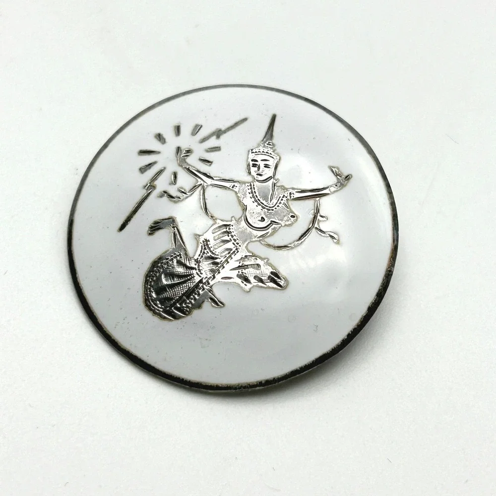 Vintage Siam Sterling‎ Silver Brooch White Enamel Dancing Thai Goddess Signed
